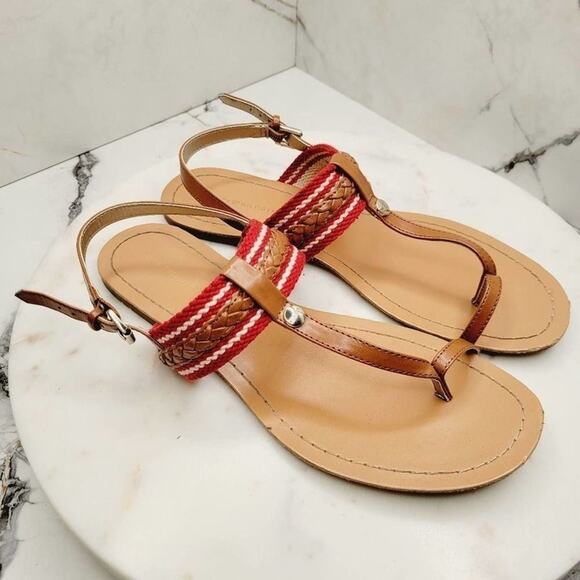 Tommy Hilfiger Sandals Womens 7.5 Preppy Nautical Thong Toe Ring Sandals Red Tan - Picture 2 of 13